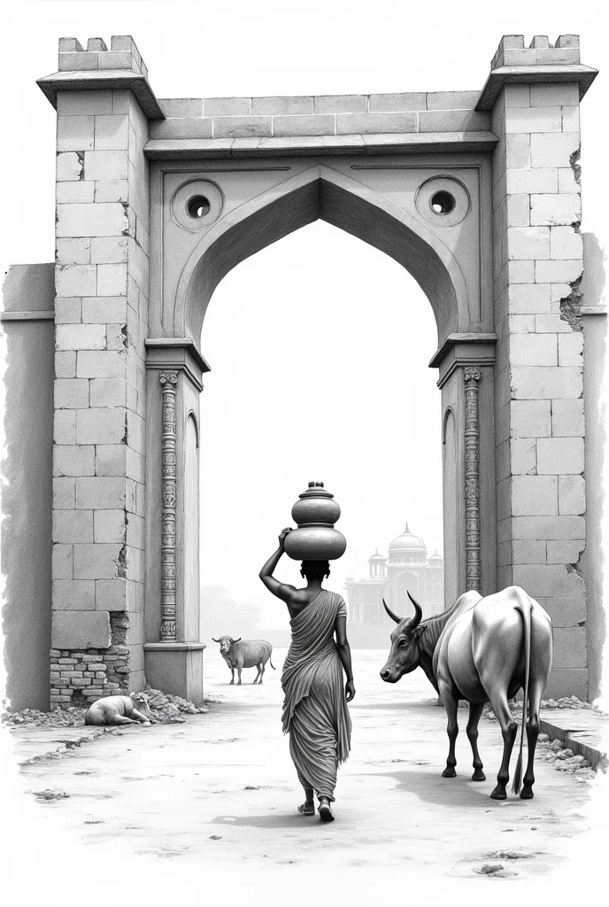 Pencil format image for haryana ,showing a lady with pots on her head going through a gate, we are able see her back ,gate is related to haryana architectural style and little bit damaged , damaged portion also shows exposed and rugged bricks used in old construction techniques of haryana, gate is very high almost double height arched gate, through gate we are able to see a ox sitting on ground far from gate and also a standing buffalo, behind animals far away a old haveli facade with haryana architectural style , nearby walls of gate is low in comparison to gate and also damaged as same as gate , show all in doodle format