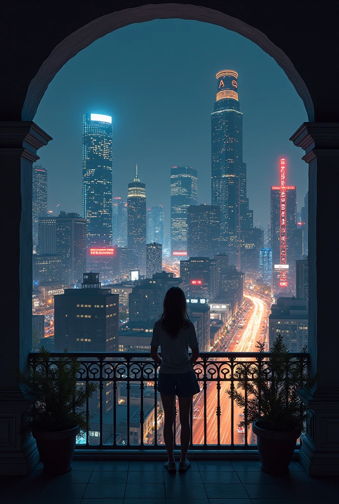 A balcony with a view of a city at night