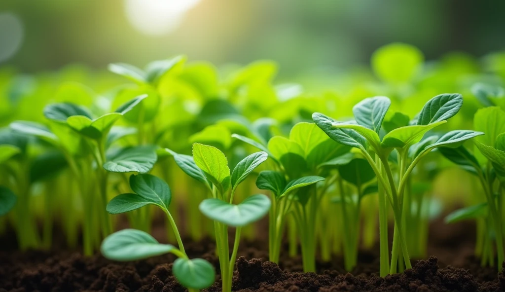 a lush green garden, growing bean sprouts, detailed bean sprout plants, healthy fresh bean sprouts, realistic organic garden, close-up shot of bean sprout growth, natural lighting, vibrant green colors, high-quality photography, detailed textures, beautiful depth of field, studio lighting, professional botanical photography