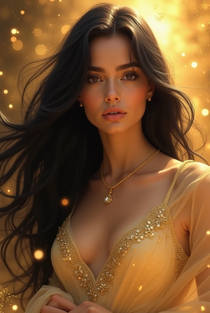 a beautiful black-haired woman from Bulgaria and Spain and golden notes of music