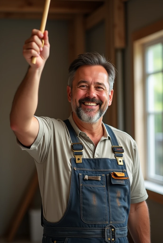 Man with goatee, straight black hair, dark hair, smiling with a construction brush in his raised hand