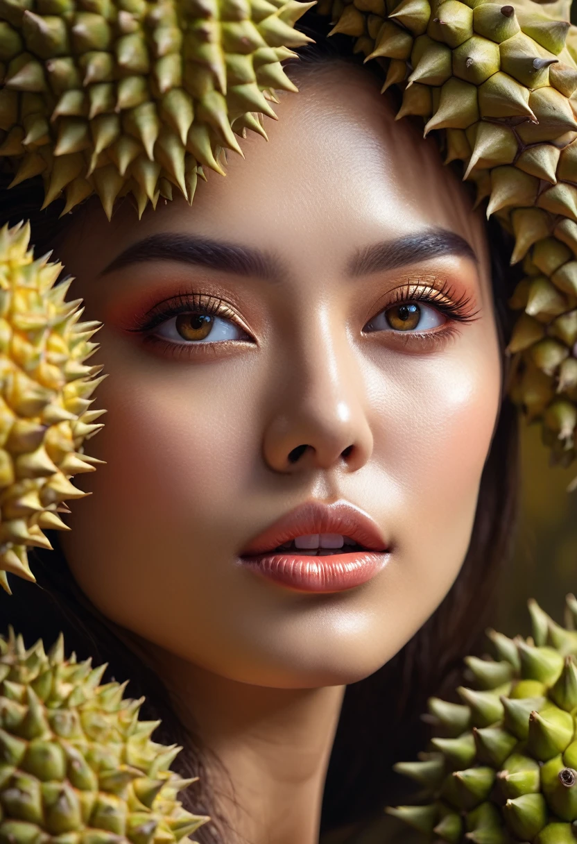 a woman with durian body, beautiful detailed eyes, beautiful detailed lips, extremely detailed face, long eyelashes, highly realistic, photorealistic, 8k, hyperdetailed, masterpiece, volumetric lighting, cinematic, dramatic lighting, warm color palette, vibrant colors, fantasy, surreal, dreamlike, digital painting, concept art