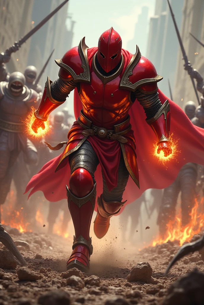 A knight in red armor and a red closed helmet running with his fists flaming towards an army of monsters