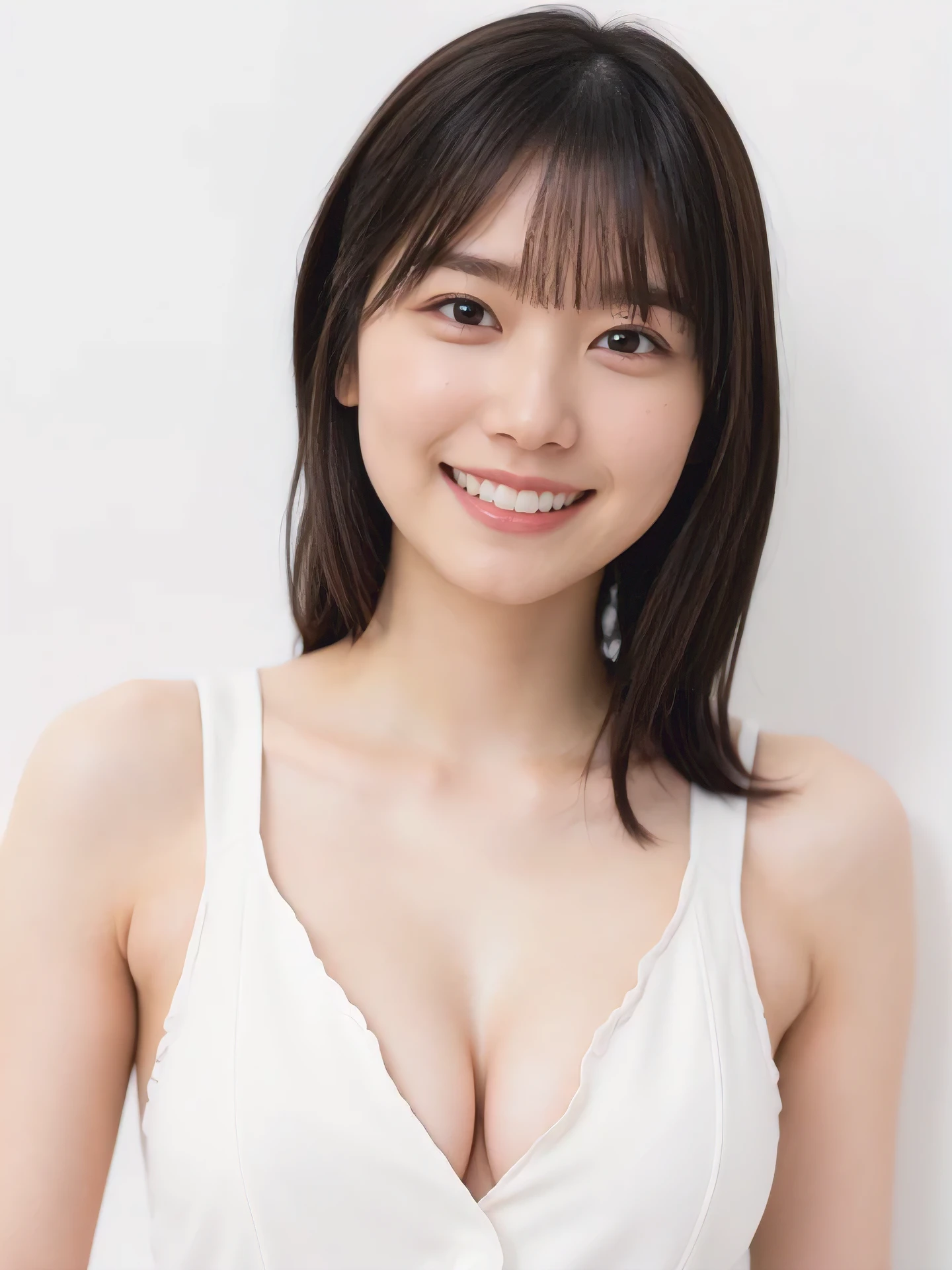 1girl, 2 woman, (perfectly detailed face), cute face, beautiful face, Small breasts, medium breasts, large breasts, ((looking at viewer)), smile, light smile, grin, White skin, Simple Background, (((white background))), ((white wallpaper)), Indoor, (bright lighting:1.2), perfect lighting, photorealistic, (bokeh), UHD, anatomically correct, highres

