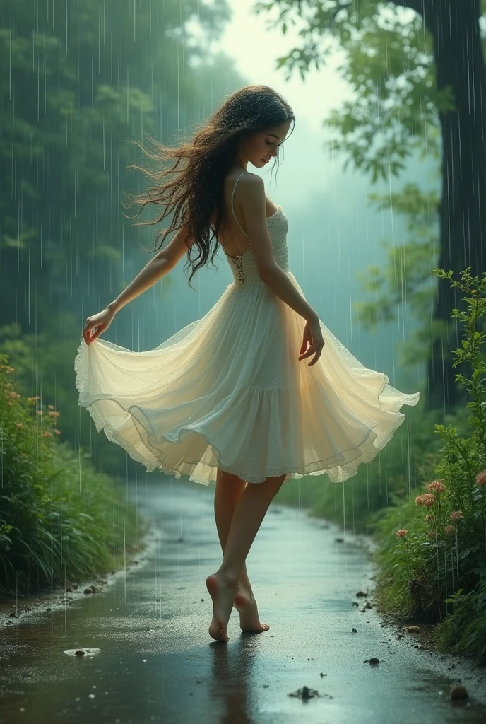 Romantic rainy a girl dancing