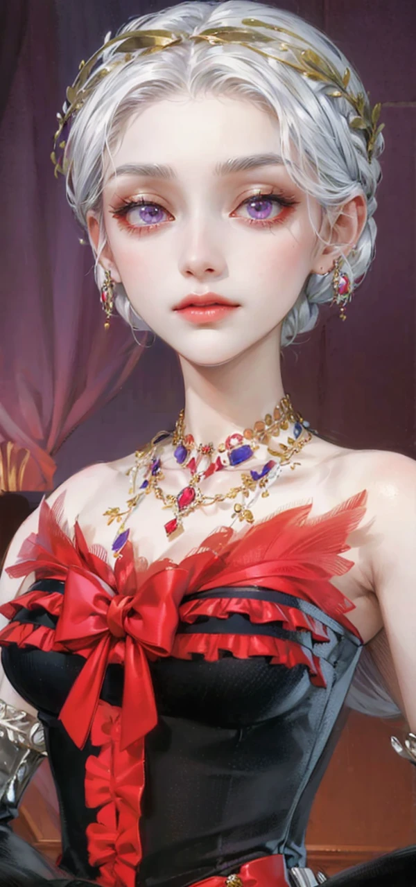 (masterpiece, top quality, best quality, official art, enchanting and aesthetic:1.2), 1female, white silver hair, royal braided hair, violet eyes, white and red dress, red and gold jewelry, high quality details, 4k eyes, white hair, silver white hair, long hair, siren eyes, cold expression