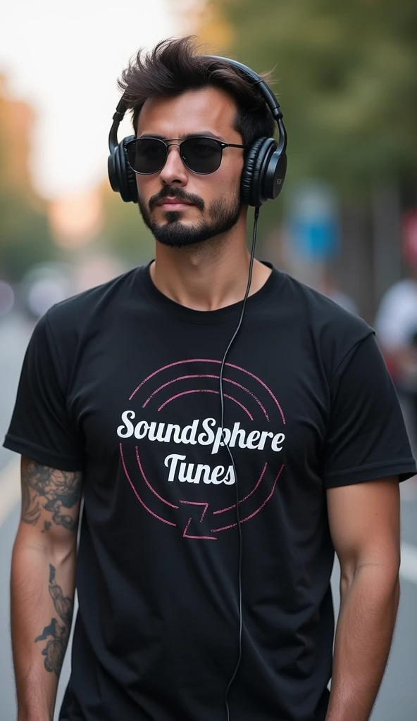A man wearing headphones with sunglasses and a T-shirt that says SoundSphereTunes, full body, looking towards the camera