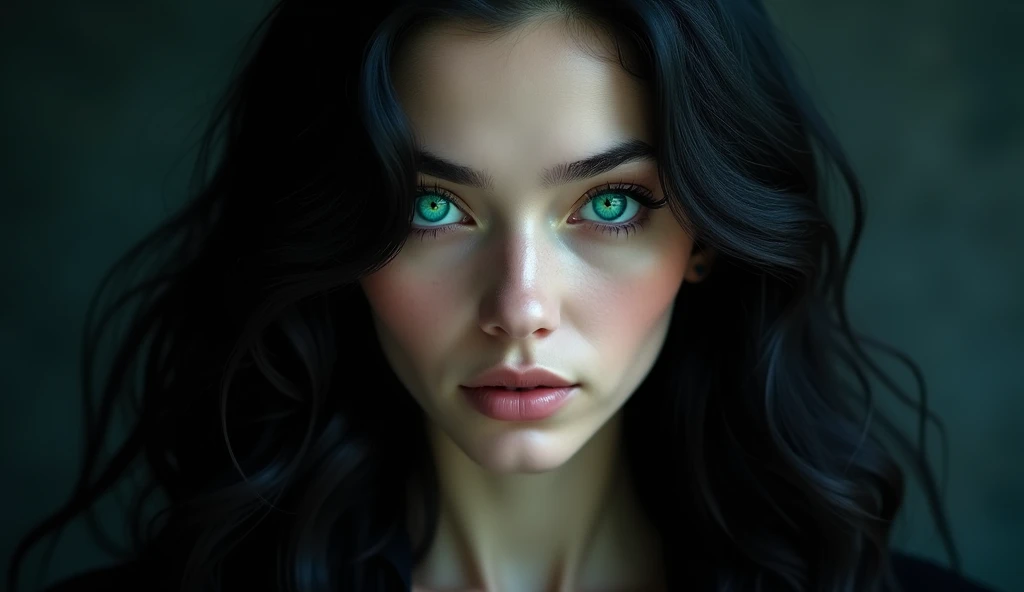 FACE SHOT OF LOVELY BEAUTIFUL BLACK HAIR WOMAN, 30 YEARS OLD, HUGE LONG BLACK HAIR, VOLUMOUS HAIR, VERY PALE SKIN, TURCOISE BLUE EYES, EXPRESSIVE TURCOISE EYES, LOVELY FACE EXPRESSION, SHY SMILLE, MISTERY INSPIRATION, ENIGMATIC LOOK, ROSY CHEEKS, HIGH CHEEKBONES, MENTAL FORAMEN, FRONTAL ANGLE SHOT, DARK BACKGROUND, DIFUSED LIGHTS, MASTERPIECE, ACCURATE IMAGE.