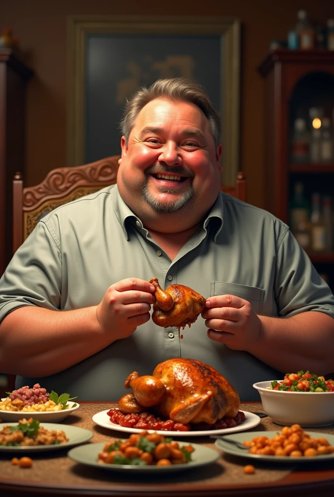 Fat man eating more meals holding chicken