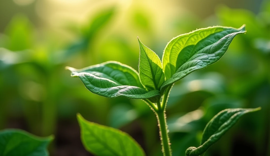 a sprouting bean plant, high detailed, beautiful close-up, lush green leaves, vibrant colors, natural lighting, photorealistic, studio lighting, macro photography, crisp details, intricate textures, soft focus background, depth of field, cinematic composition, warm tones, natural food photography