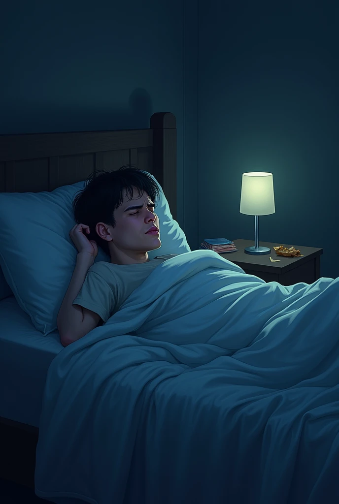 Create a beautiful image that best support the following story “Eating late at night can disrupt your sleep patterns. When you eat too close to bedtime, your body focuses on digestion rather than winding down, making it harder to fall asleep and potentially leading to poorer sleep quality.”