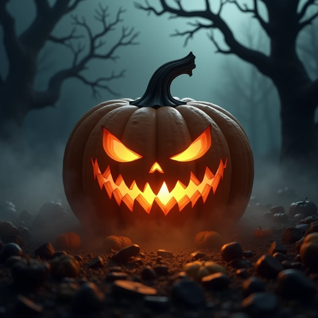 "A chilling Halloween scene featuring a glowing jack-o'-lantern set against a spooky, fog-covered background. The jack-o'-lantern is carved with an eerie, menacing face, its deep-set eyes and jagged grin illuminated by a warm, flickering light from within. The pumpkin's surface is textured with realistic details, showcasing the rough, ridged skin and the intricate carving. Surrounding the jack-o'-lantern is a dense, swirling fog that creeps along the ground, partially obscuring the scene and adding a layer of mystery. The fog is lit by the pumpkin’s glow, creating an eerie halo effect around it. In the background, the silhouettes of gnarled, leafless trees and distant, shadowy shapes hint at a haunted environment. The overall atmosphere captures the essence of October holidays with a mix of spooky and festive elements, using deep blacks, muted grays, and warm orange tones to evoke a hauntingly beautiful Halloween night."
