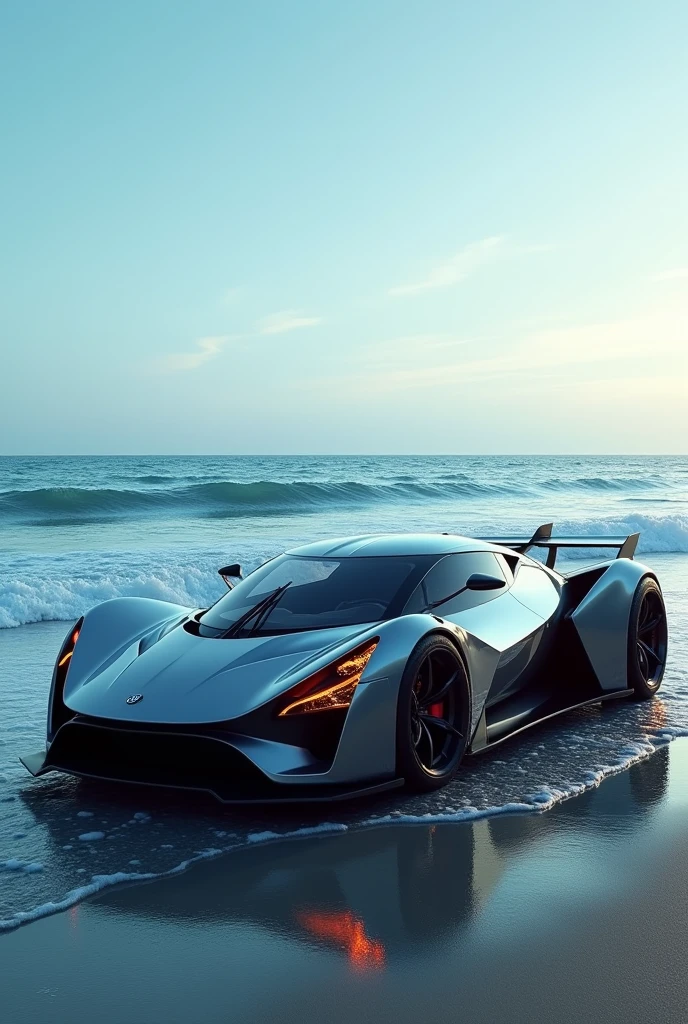 Supracar in front of large ocean with fire in mirror