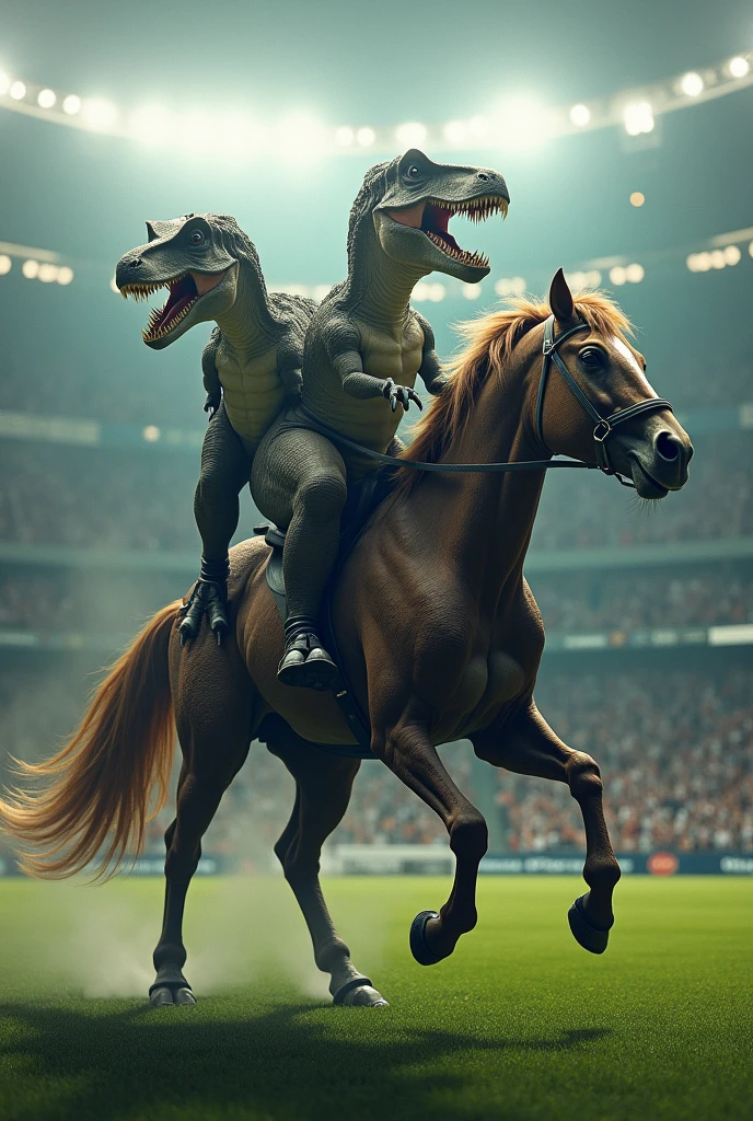 dinosaurs riding on a horse in a football stadium