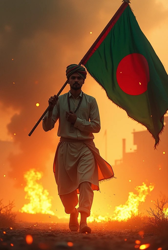 A young man wearing a Punjabi cap is walking forward with a Bangladeshi flag in his hand and fire under his feet