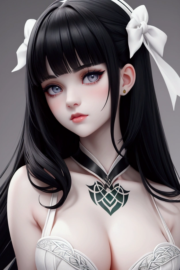 beautiful girl, Black hair with bangs, pale white skin, Celtic tattoos, grey eyes, expressive look, points to the bow in a first cinematic plan