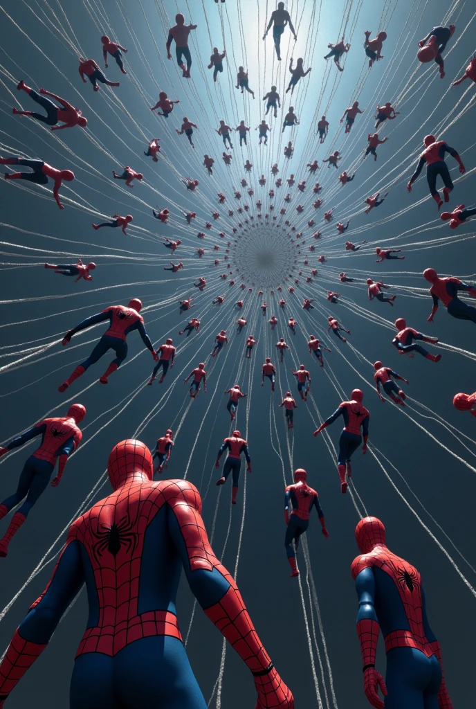Spiderman thousands hanging from his spider web

