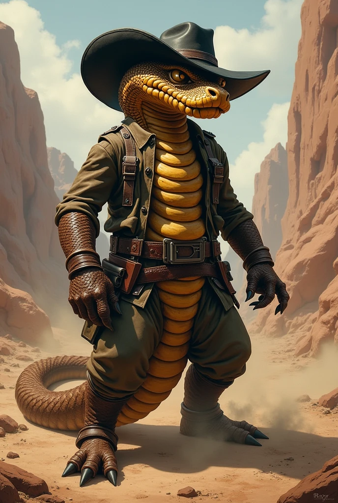 A large brown rattlesnake wearing a black hat, looking grim with a stern face, wrapped in ammunition holsters. He is slightly coiled and ready to strike. Use Jake Rattlesnake from the animated film Rango as a reference. I would like the art in a fantasy RPG style, set in the old west.