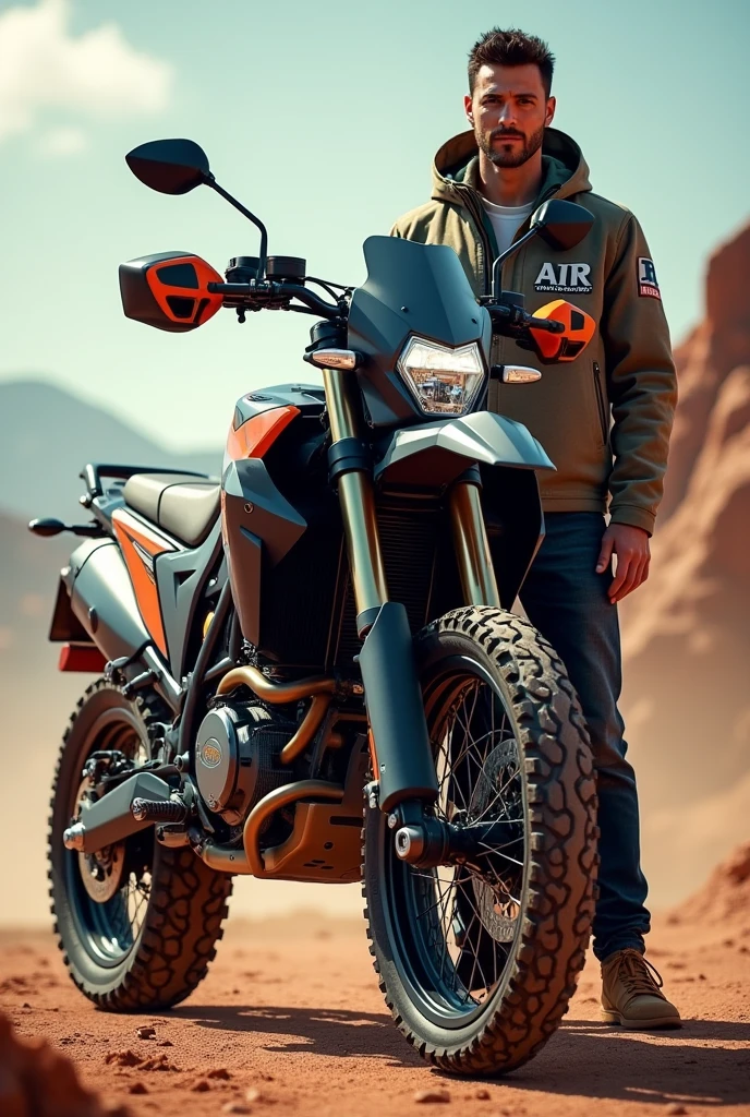 Blue all-terrain motorcycle and the owner standing next to it with a jacket that has the name JAIR on it. A more animated image with the name Jair, a bigger motorcycle that is for enduro