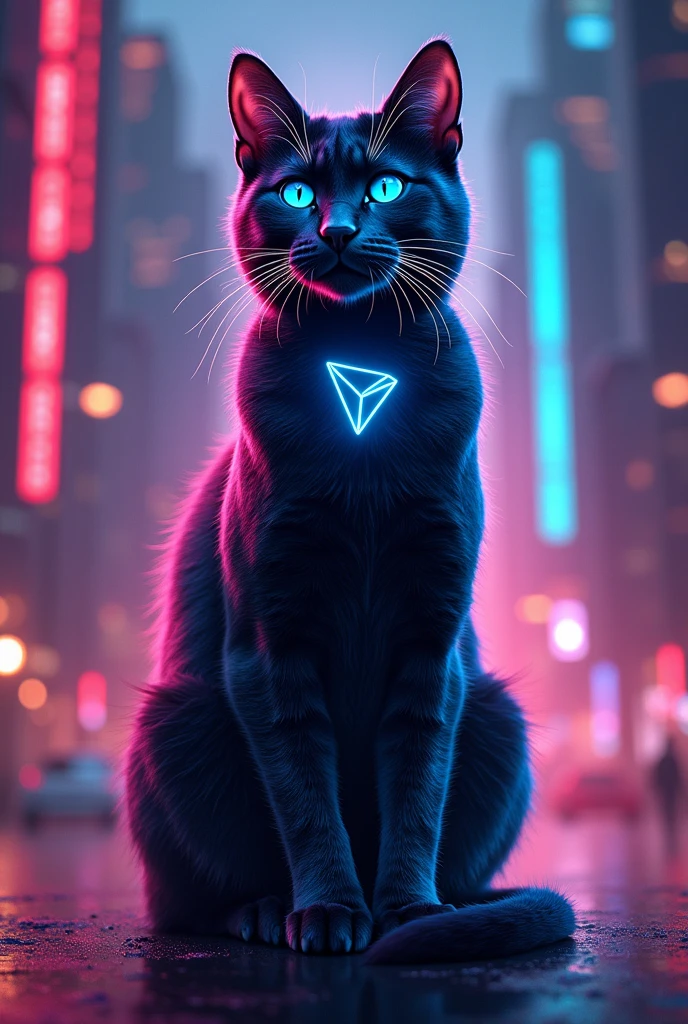 Design an eye-catching poster featuring a sleek, confident cat striking a pose that embodies the essence of the SUYA token. Incorporate the Tron logo seamlessly into the composition—perhaps as a subtle pattern on the cat’s fur or as a holographic reflection in its eyes. The background could be a futuristic cityscape, emphasizing SUYA’s forward-looking vision. Remember to use vibrant colors and dynamic typography to convey excitement and trust
