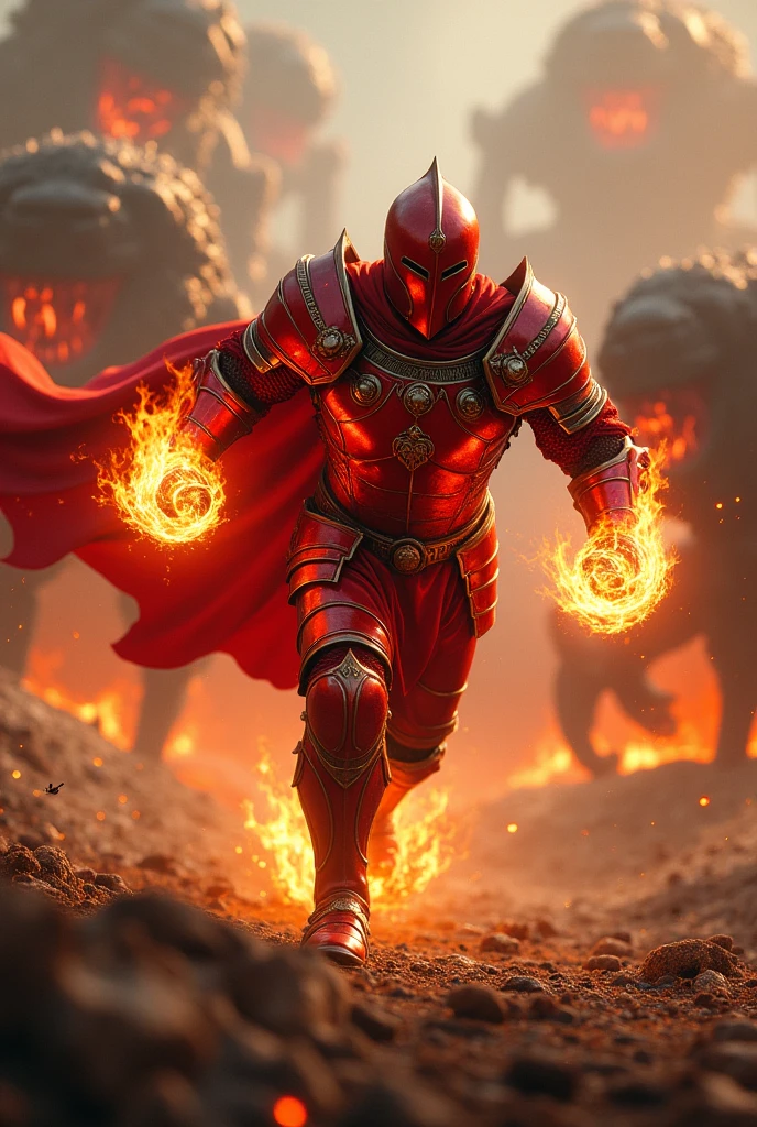A knight in red armor and a red closed helmet running with his fists flaming towards an enemy army of monsters