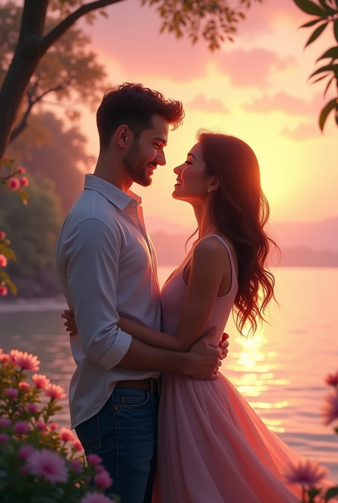 Imagine a romantic scene featuring a love couple in a picturesque setting. The couple stands close together, holding hands and gazing into each other's eyes with warm smiles. They are surrounded by nature, perhaps in a lush, green park or a tranquil beach at sunset. The sky is painted in soft hues of pink, orange, and purple, casting a gentle glow on their faces. The woman might be wearing a flowing dress, and the man could be dressed casually but neatly. Around them, the environment is calm, with elements like gently swaying trees, blooming flowers, or waves lapping at the shore. The overall mood is intimate, serene, and filled with love.