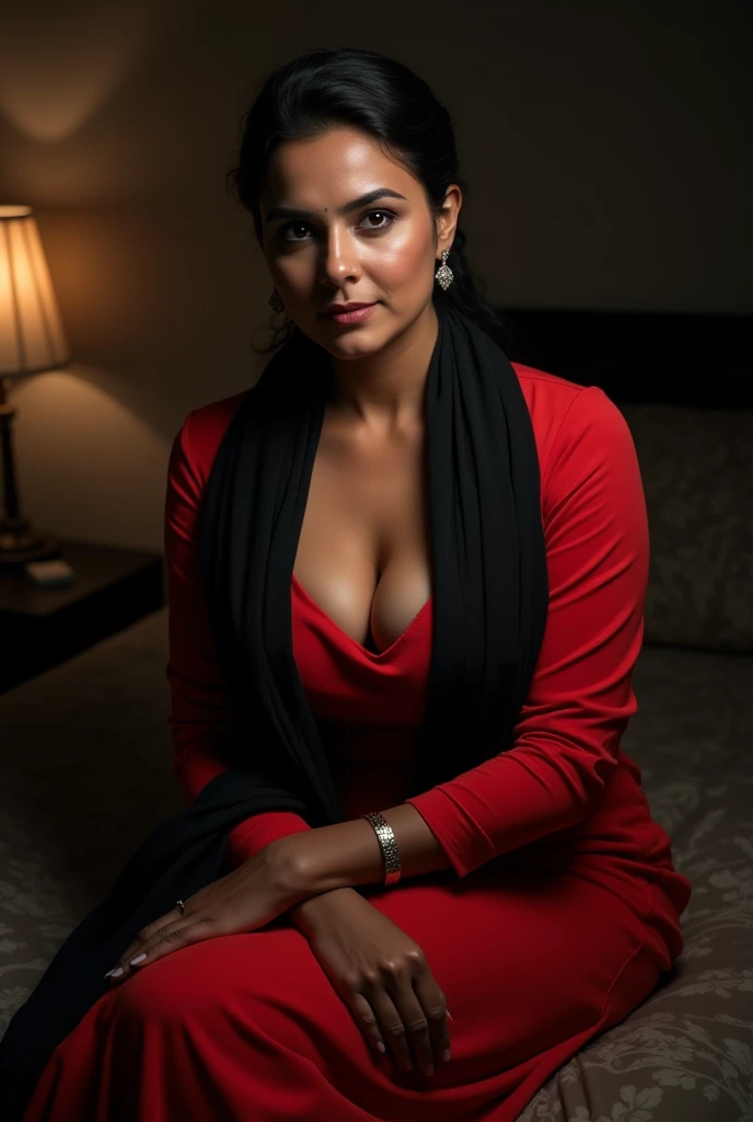 photo of Mature Indian Aunty with dusky skin, wearing tight Red Kurti and Black stole around her throat, showing U Cut Cleavage, Hair tied behind, sitting on bed, dim light.