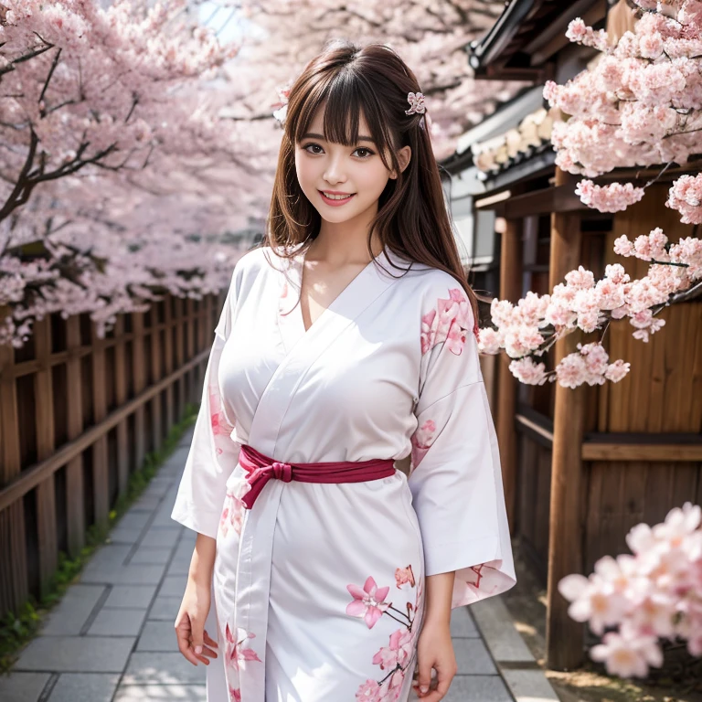 laughing out loud,Wear a white yukata with lots of cherry blossoms printed on it, Long yukata, (knee shot), 1 person, On the face, light brown hair, blunt bangs, hair behind ears, Hair over the shoulders, long hair, Slender body type, Super thin face, face slimming, delicate lips, beautiful eyes, Thin blush, Eyes are light brown,Check it out here, (realistic:1.3), Standing next to a street in Kyoto, Japan, 8k, , Super detailed, high quality, best quality, High resolution, ,Large Breasts,H CUP, 2