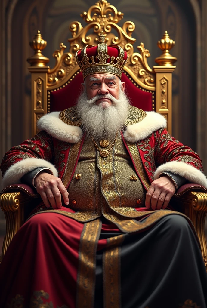 Best Quality, 4k wallpaper, masterpiece, Extremely detailed CG unity 8k wallpaper, Extremely detailed eyes, ultra detailed, intricate details, Luis Hermosilla Chilean lawyer dressed as a fat king sitting on the king's throne, no Donald Trump