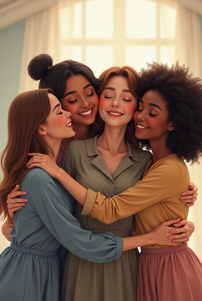 4 WOMEN HUGGING EACH OTHER LOOKING FORWARD