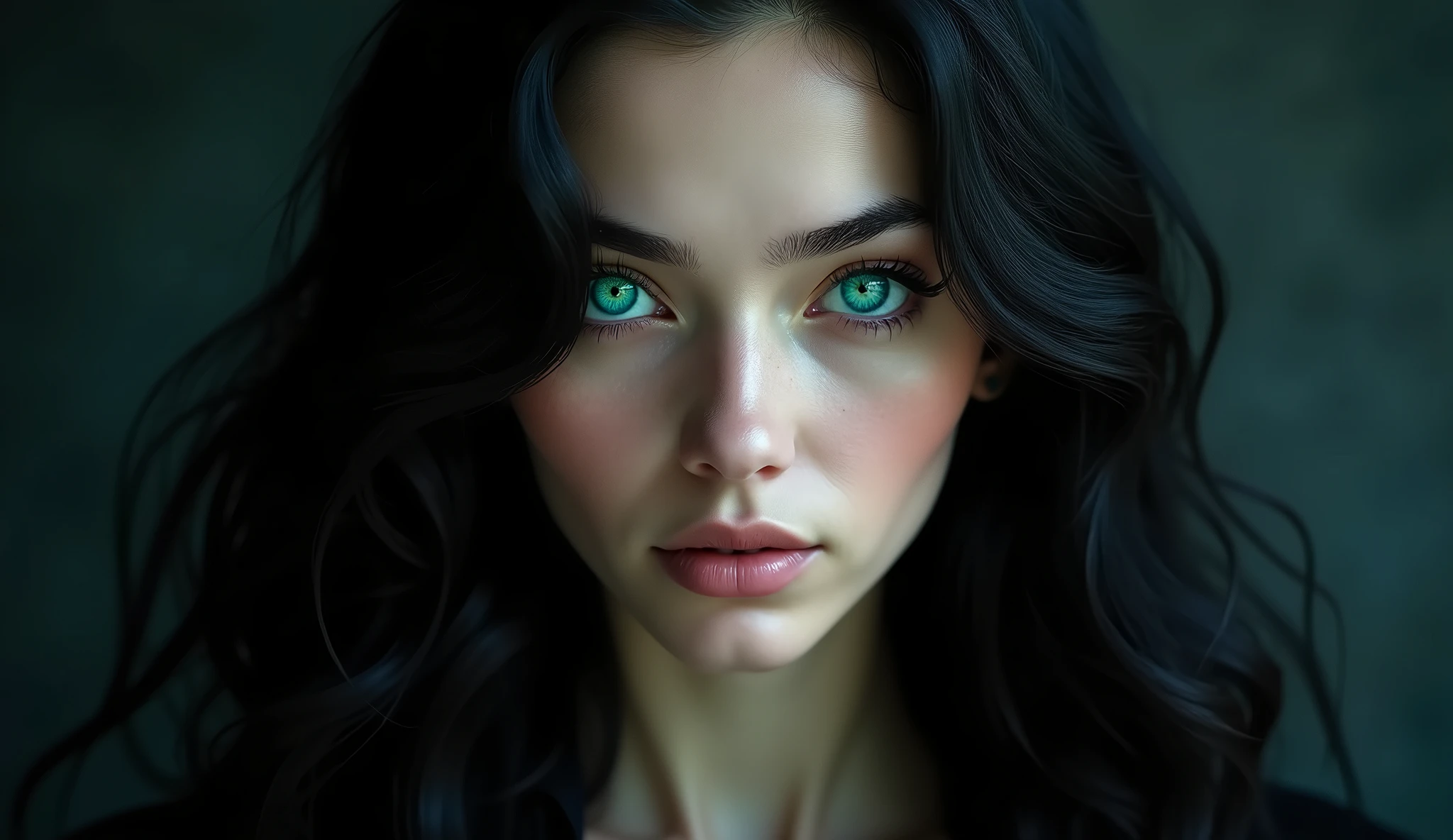 FACE SHOT OF LOVELY BEAUTIFUL BLACK HAIR WOMAN, 30 YEARS OLD, HUGE LONG BLACK HAIR, VOLUMOUS HAIR, VERY PALE SKIN, TURCOISE BLUE EYES, EXPRESSIVE TURCOISE EYES, LOVELY FACE EXPRESSION, SHY SMILLE, MISTERY INSPIRATION, ENIGMATIC LOOK, ROSY CHEEKS, HIGH CHEEKBONES, MENTAL FORAMEN, FRONTAL ANGLE SHOT, DARK BACKGROUND, DIFUSED LIGHTS, MASTERPIECE, ACCURATE IMAGE.
