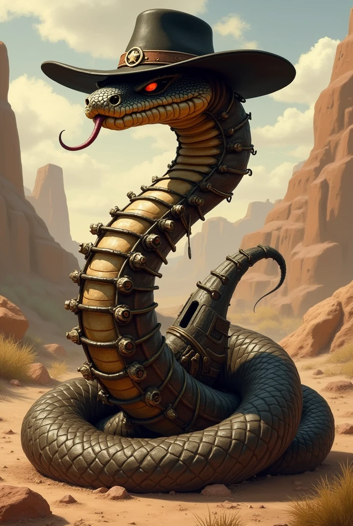 A large brown rattlesnake wearing a black hat, looking grim with a stern face, wrapped in ammunition holsters. He is slightly coiled and ready to strike. Use Jake Rattlesnake from the animated film Rango as a reference. I would like the art in a fantasy RPG style, set in the old west.