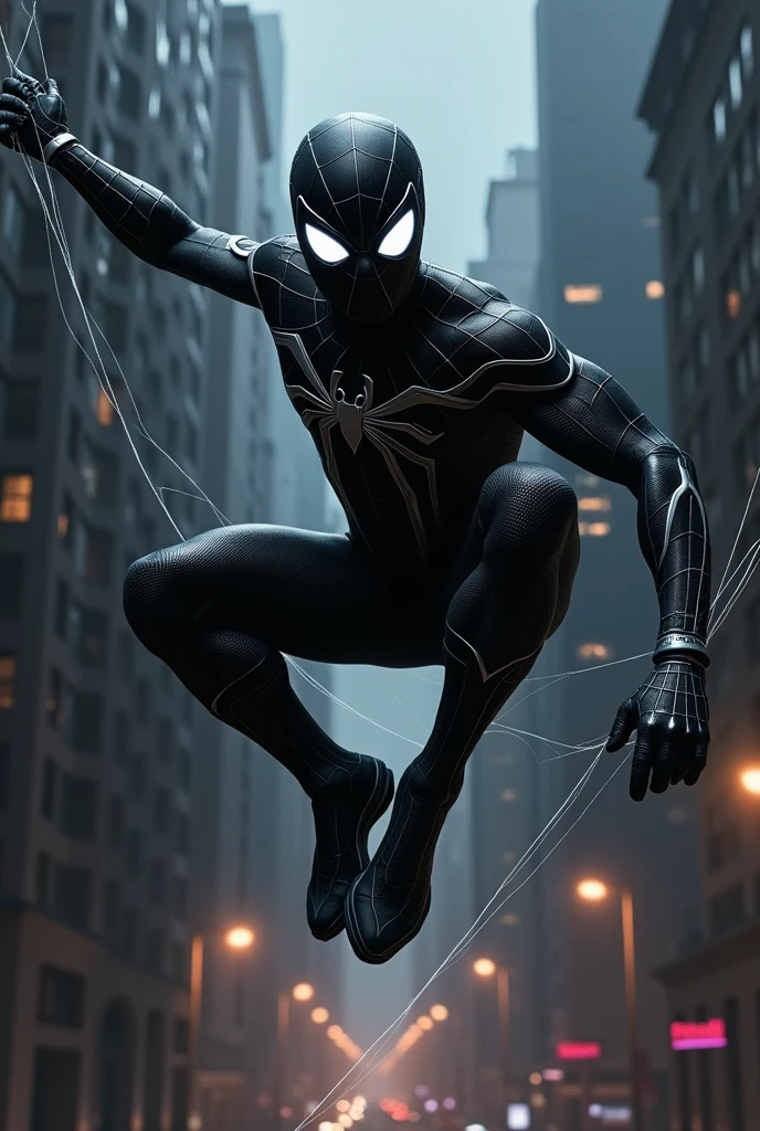 Black Spiderman hanging from his web