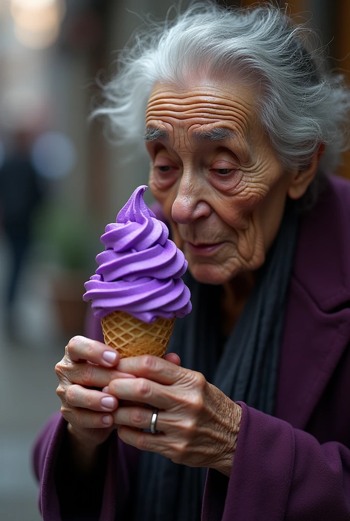 an old woman picking up an purple ice cream