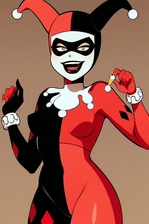 masterpiece, best quality, 1girl, hq1992, solo, bodysuit, domino mask, gloves, hat, jester cap, mask, open mouth, parody, red bodysuit, red gloves, smile, solo