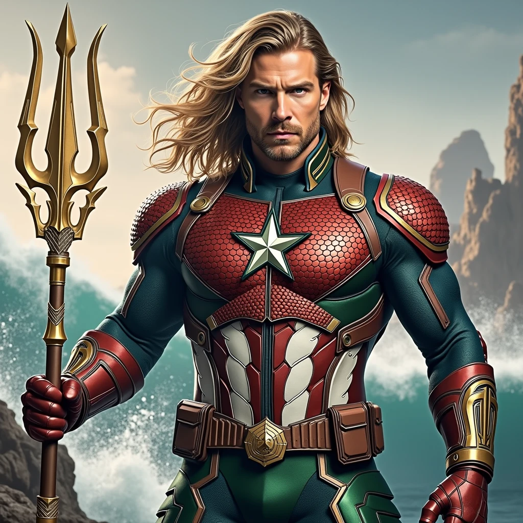 Create a realistic and epic image of a (((fusion))) between (((Captain America and Aquaman.))) The character should have:
Face: Blend Captain America's strong, determined features with Aquaman's rugged, kingly visage, creating a face that reflects both nobility and strength.
Hair: Combine Captain America's short, clean-cut hairstyle with Aquaman's longer, wavy hair, resulting in a distinctive style that reflects their dual nature.
Attire: Design an outfit that merges Captain America's iconic stars-and-stripes (((uniform with Aquaman's Atlantean armor))). The attire should feature a mix of red, white, and blue with (((gold and green accents))), (((incorporating elements like Aquaman's scaled armor and Captain America's star symbol on the chest.)))
Shield and (((Trident))): (((Integrate))) (((Captain America's shield with Aquaman's trident))), creating a unique weapon that symbolizes both defense and (((power.))) The shield could be (((circular with trident-like extensions))) or have a central emblem (((combining both symbols.)))
Setting and Pose: Place the character in an epic setting that blends elements of both land and sea, such as a coastal battlefield with crashing waves. Position them in a heroic pose, showcasing their readiness for battle and commanding presence.
Style: Maintain a realistic style that highlights the combined power and leadership qualities of Captain America and Aquaman, with a design that reflects their dual connection to both the surface world and the oceans.