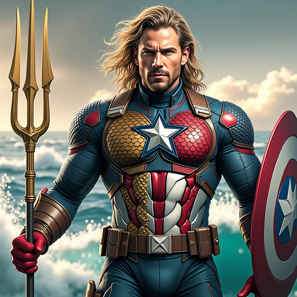 Create a realistic and epic image of a (((fusion))) between (((Captain America and Aquaman.))) The character should have:

Face: Blend Captain America's strong, determined features with Aquaman's rugged, kingly visage, creating a face that reflects both nobility and strength.

Hair: Combine Captain America's short, clean-cut hairstyle with Aquaman's longer, wavy hair, resulting in a distinctive style that reflects their dual nature.

Attire: Design an outfit that merges Captain America's iconic stars-and-stripes (((uniform with Aquaman's Atlantean armor))). The attire should feature a mix of red, white, and blue with (((gold and green accents))), (((incorporating elements like Aquaman's scaled armor and Captain America's star symbol on the chest.)))

Shield and (((Trident))): (((Integrate))) (((Captain America's shield with Aquaman's trident))), creating a unique weapon that symbolizes both defense and (((power.))) The shield could be (((circular with trident-like extensions))) or have a central emblem (((combining both symbols.)))

Setting and Pose: Place the character in an epic setting that blends elements of both land and sea, such as a coastal battlefield with crashing waves. Position them in a heroic pose, showcasing their readiness for battle and commanding presence.

Style: Maintain a realistic style that highlights the combined power and leadership qualities of Captain America and Aquaman, with a design that reflects their dual connection to both the surface world and the oceans.
