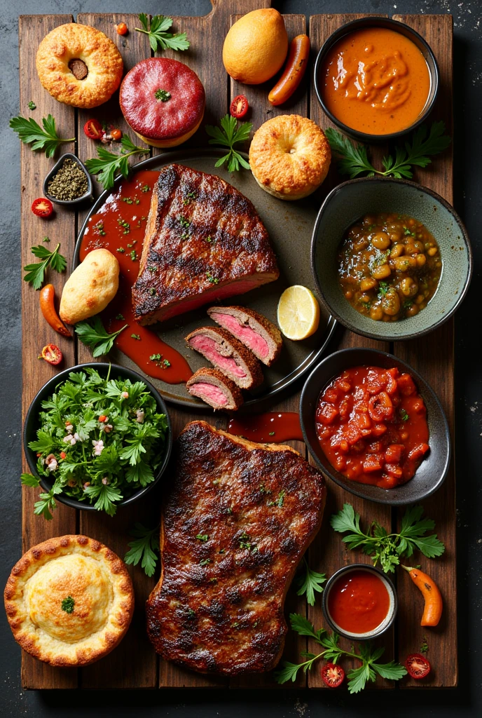 recipe book cover with various meat dishes, pie plate, salad plate, Soup plate, all mouth-wateringly juicy


