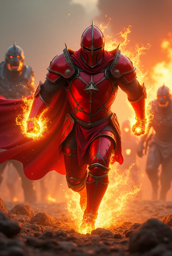 A knight in red armor and a red closed helmet running with his fists flaming towards an enemy army of monsters 