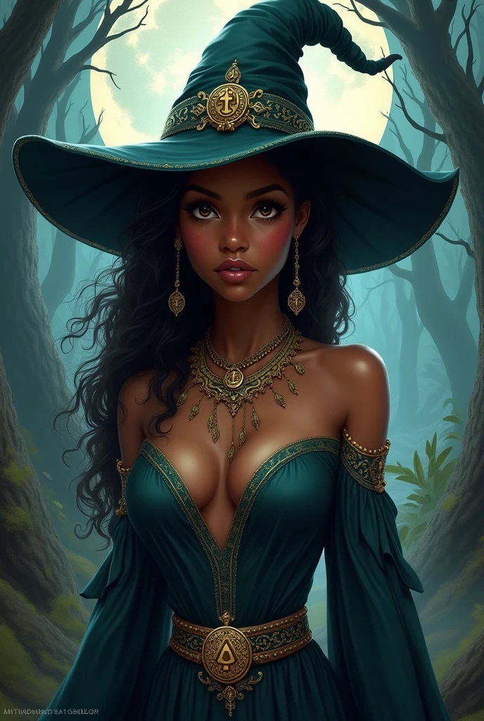Make one with black skin and freckles that look like stars, she has white hair and bangs, she is in the forest, wearing a purple dress and a pointy hat with a purple band, she is holding a broom, high resolution, gray eyes,breastsout,