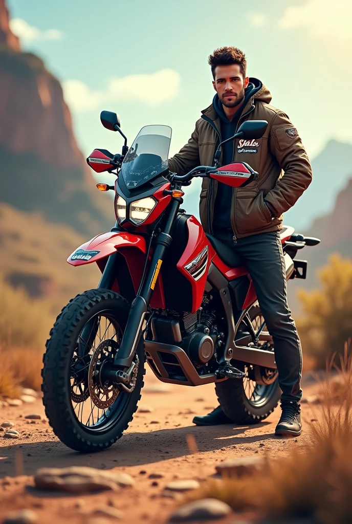 Blue all-terrain motorcycle and the owner standing next to it with a jacket that has the name JAIR on it. A more animated image with the name Jair, a bigger motorcycle that is for enduro