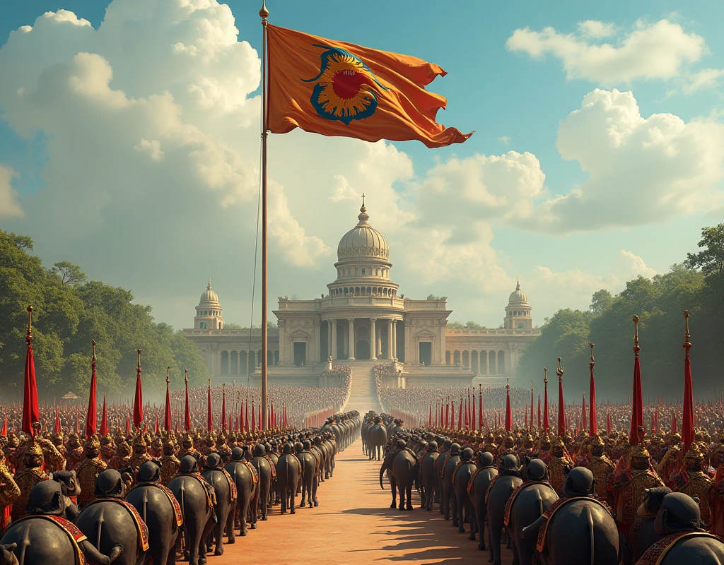 100 of historical soldier and of 100 war elephent and war horses king have salutes single flag spai big and flag was fly top of the kingdom in tamilnadu raja raja cholan