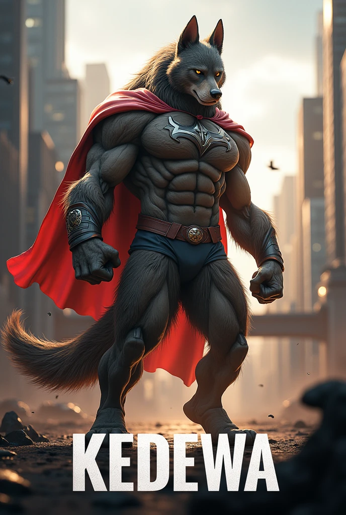 Creat a realistic super hero that looks like a human dog and has a big word below it the says Kedewa
