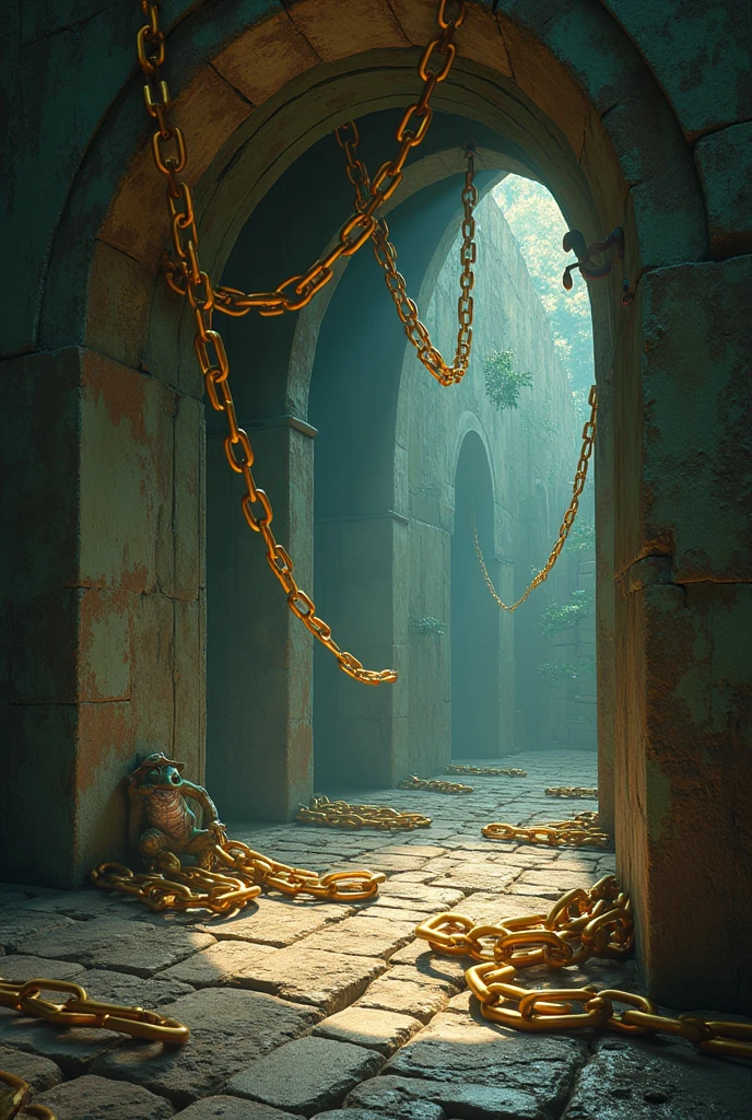  theme：Chains, A room whose walls appear to move and change shape when observed, detailed, A mind-blowing illusion,  shining frog, realistic details, amazing quality, magical power, sweet cookie,