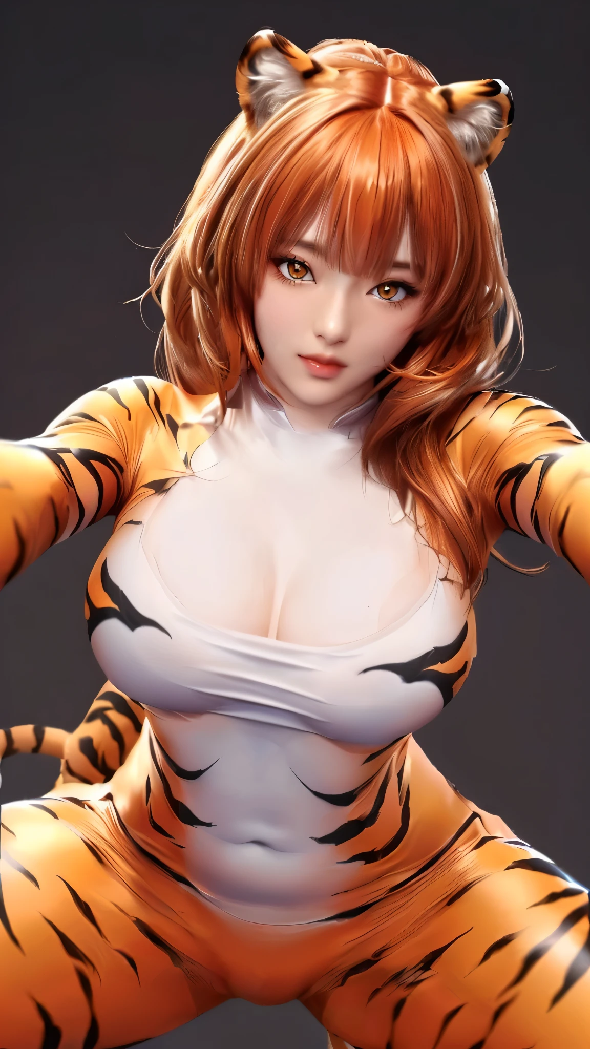 (（（Perfect body,（（（hwjsy, tigerstripebodysuit  ）））,（（（Orange hair, orange long hair, orange straight hair, golden eyes, red lips, pink powder blusher, tiger ear headdress））），((masterpiece)),high resolution, ((Best quality at best)),masterpiece,quality,Best quality,（（（ Exquisite facial features,Looking at the audience,There is light in the eyes,Smile））），ass pov,from below）））,（（（Light and shadow,Huge breasts，）））,（（（Looking at the camera,White background,)））)