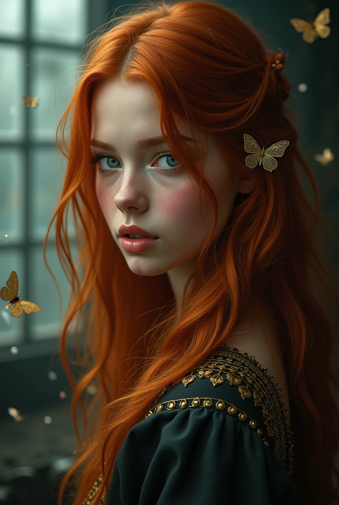 (solo, full body photo:1.3), (action packed:1.3), (haze, fog, mist:1.3), chiaroscuro, best quality, photorealistic, 1woman, (cute), (24yo:1.2), redhead, long ginger hair highly detailed, 1700'S, digital photography, art by artgerm and ruan jia and greg rutkowski surreal painting gold butterfly filigree, broken glass, (masterpiece, sidelighting, finely detailed Fashionable eyes: 1.2) (perfect oval large eyes that gazes at the viewer), beautiful detailed face, blue gorgeous perfect eyes, (blonde hair ponytail), (attractive young woman:1.3), (thick amazing hair), (seductive:1.1), (blushing:1.1)
