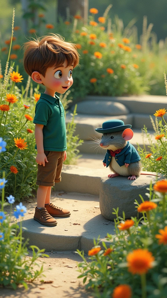 {
"size": "1024x1792",
"prompt": "A curious young boy named Léo, around , with brown hair, a green shirt, and brown shorts, is standing in a vibrant garden filled with colorful flowers and tall grass. In front of him, on a small rock, is a small, friendly rat wearing an elegant blue hat. The scene is bright and sunny, with the garden full of life, and Léo's face shows surprise and curiosity as he spots the unusual rat."
}