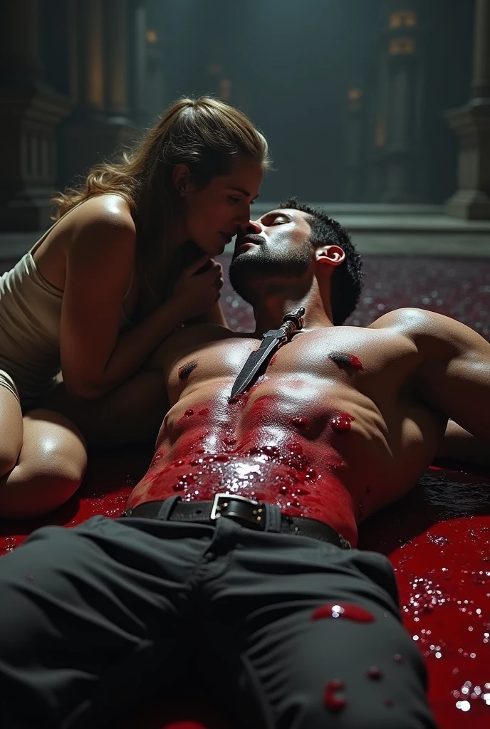 Jacearys velaryon lying ( mosular chest and gorgeus henry collet ) dead in a biger pool of blood with a dagger in his chest with out a shirt and his lover crying ( show everything with a dagger stabbed in his heart)