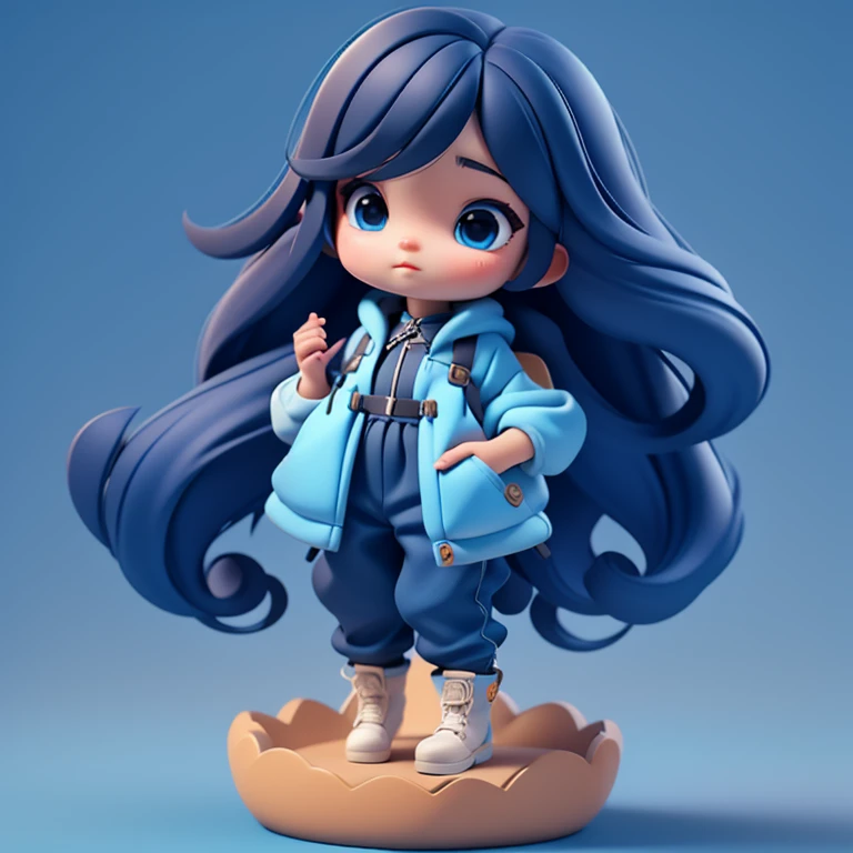 3D Characters, 1 Girl, cute kid, blue衣服,Pants,boots,blue帽子, Simple background, masterpiece, Top quality, (Gradient background) black,Long hair, blue,Backpack,