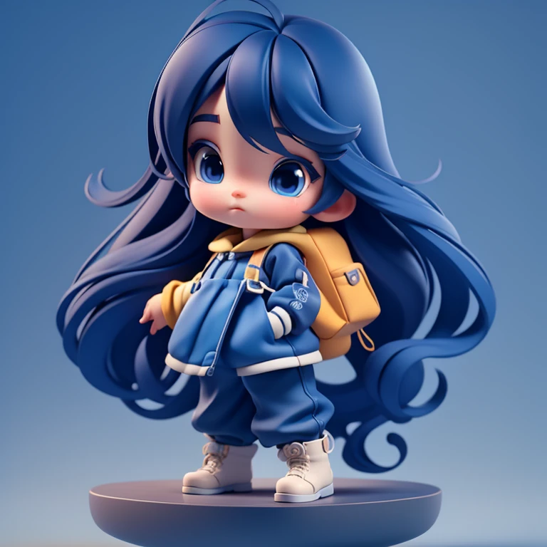 3D Characters, 1 Girl, cute ???, blue衣服，Pants，boots，blue帽子， Simple background, masterpiece, Top quality, (Gradient background) black,Long hair, blue,Backpack, 